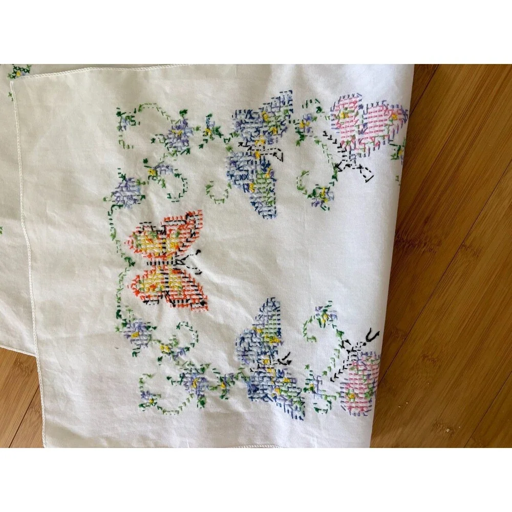Vintage Cross Stitch Butterfly Table Runner Floral Embroidery White Linen